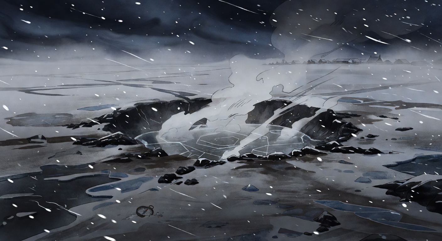 Dark Arctic hot spring and white abyss landscape