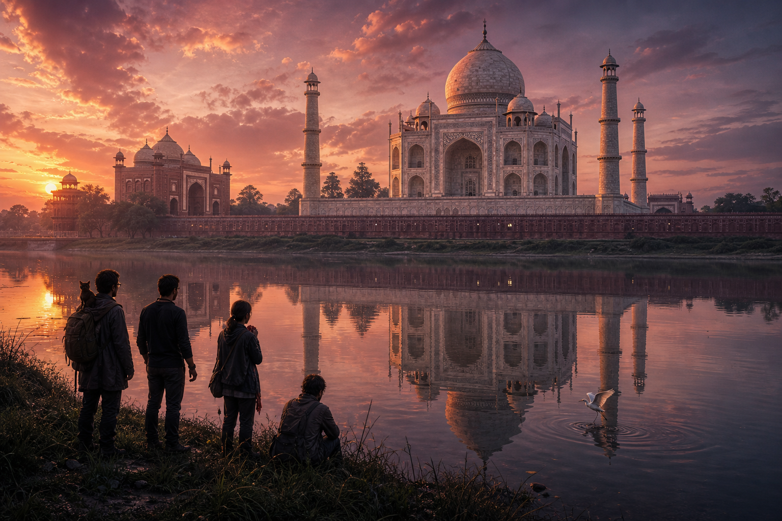 Taj Mahal riverside at sunset with party silhouettes