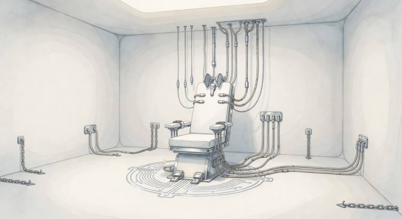 Empty white prison room with central restraint chair