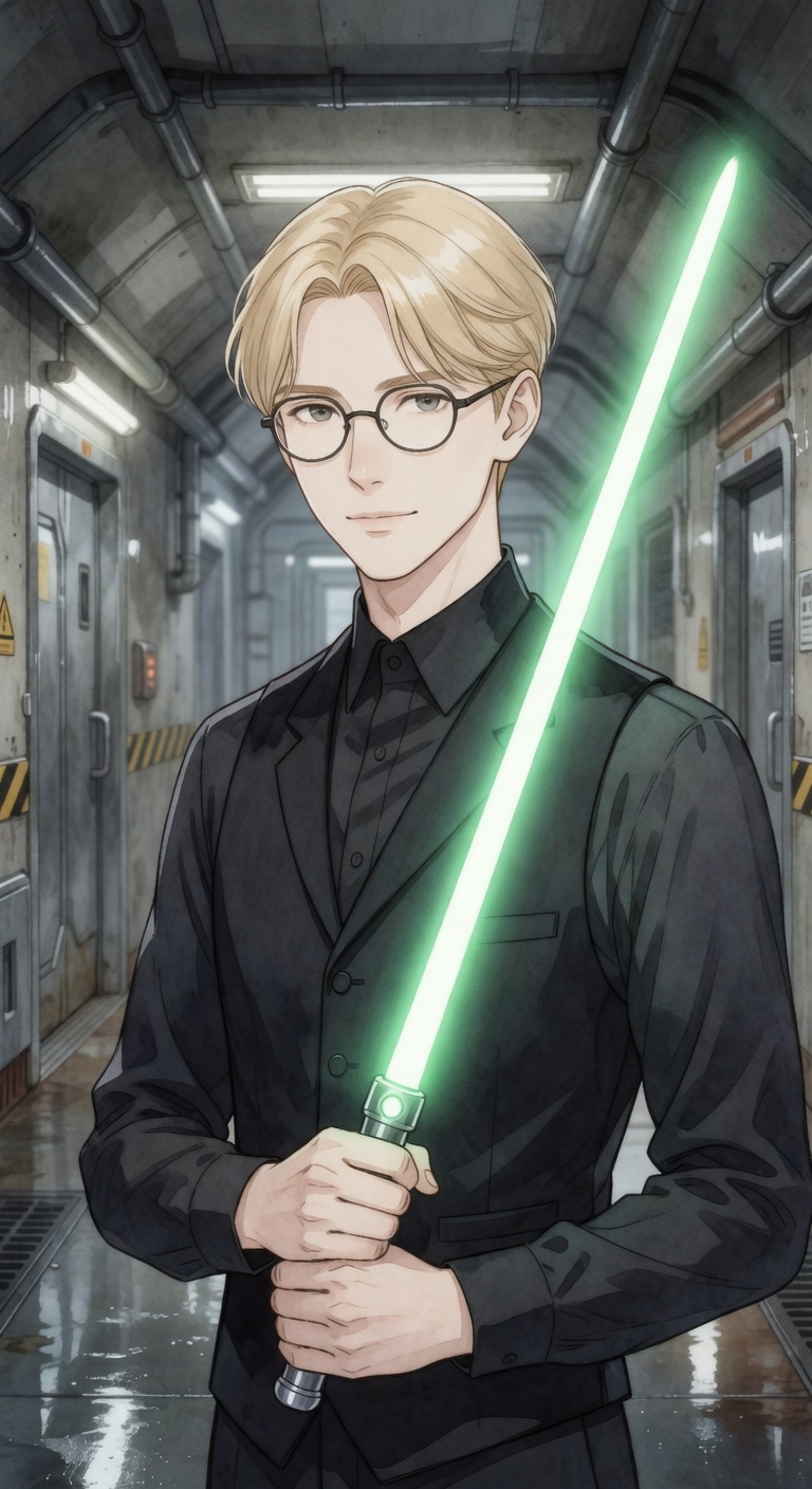 Dean holding a jade-green sacred beam saber