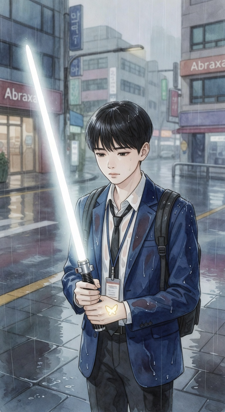 Siwoo holding a silver-white sacred beam saber