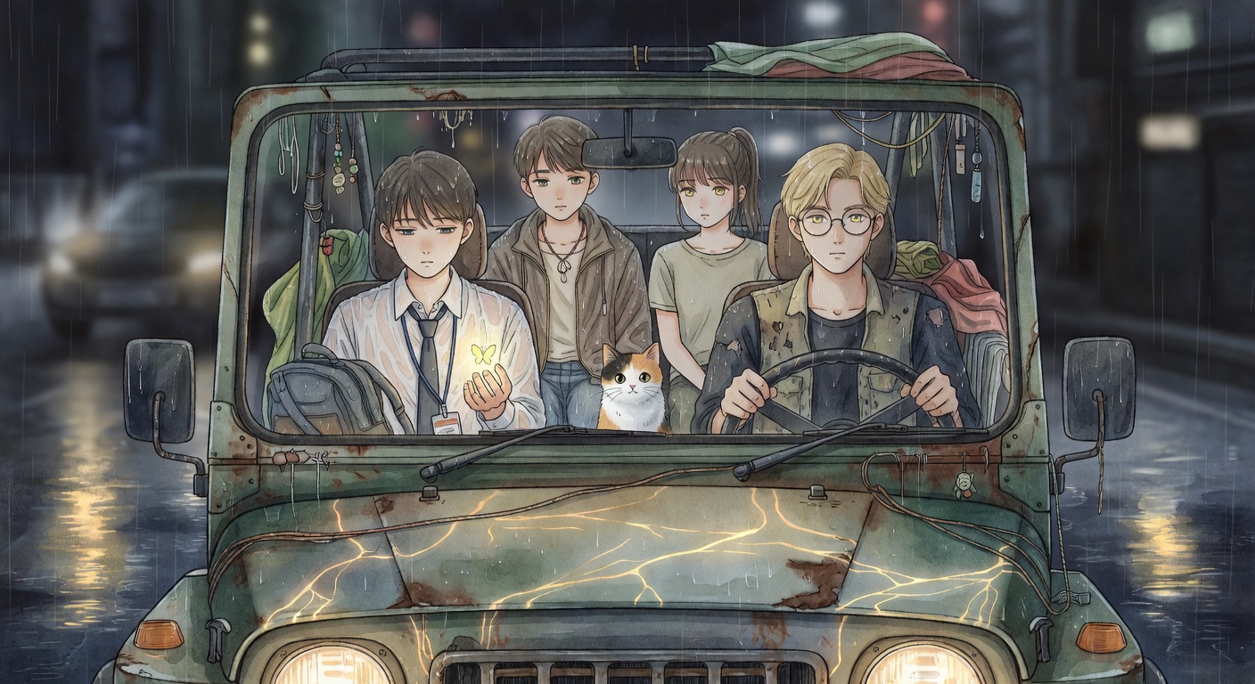 The Age of Texture party riding in an old jeep through rain.