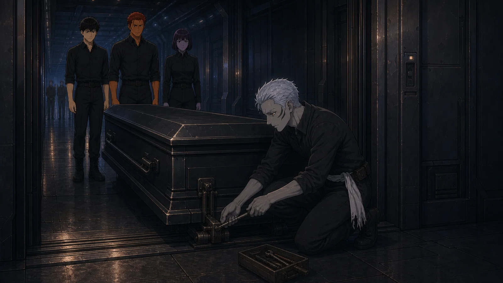 A funeral procession waiting while a stalled coffin carrier is repaired in a dark corridor