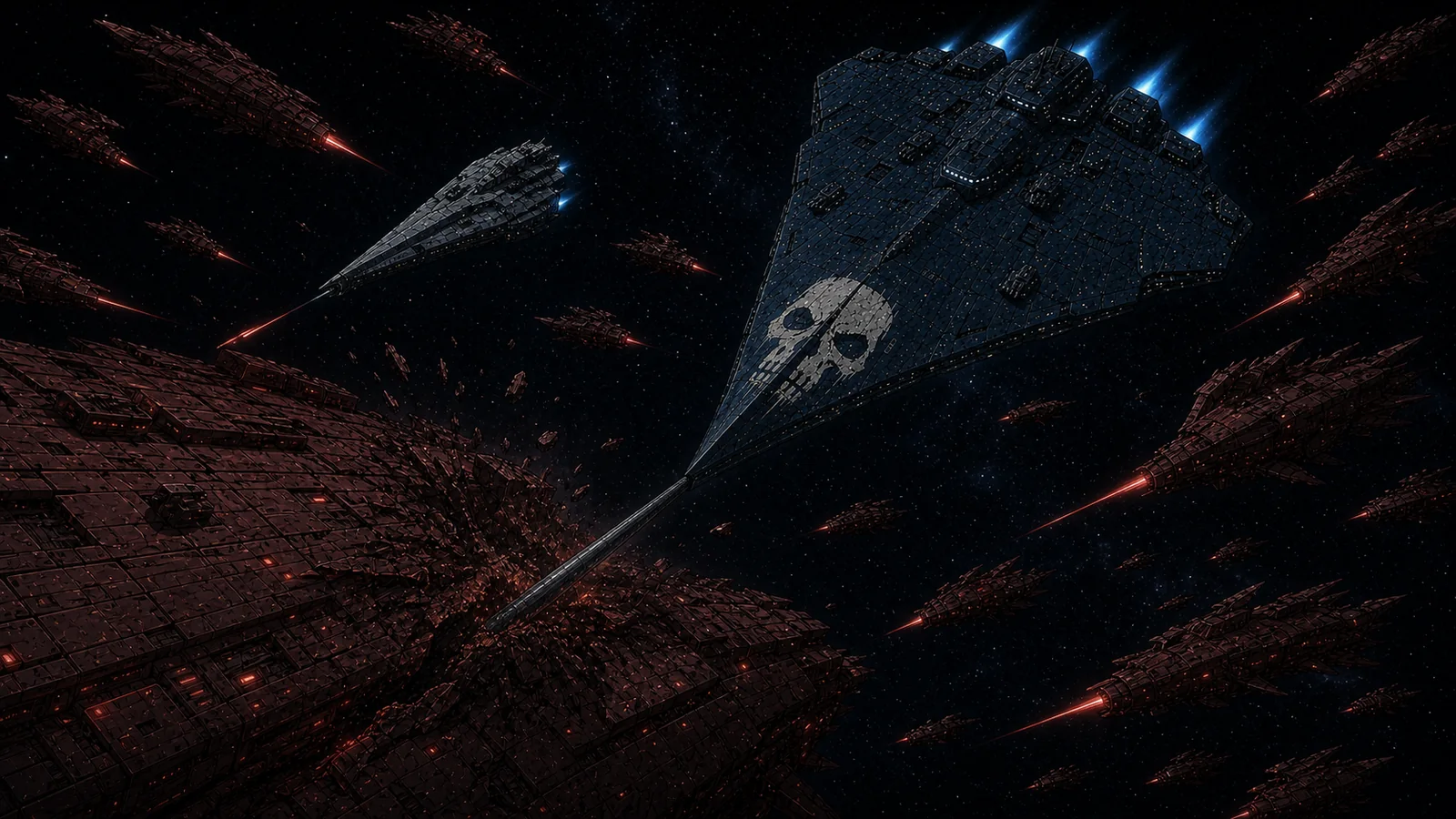 Two fast assault craft pushing toward an enemy command vessel