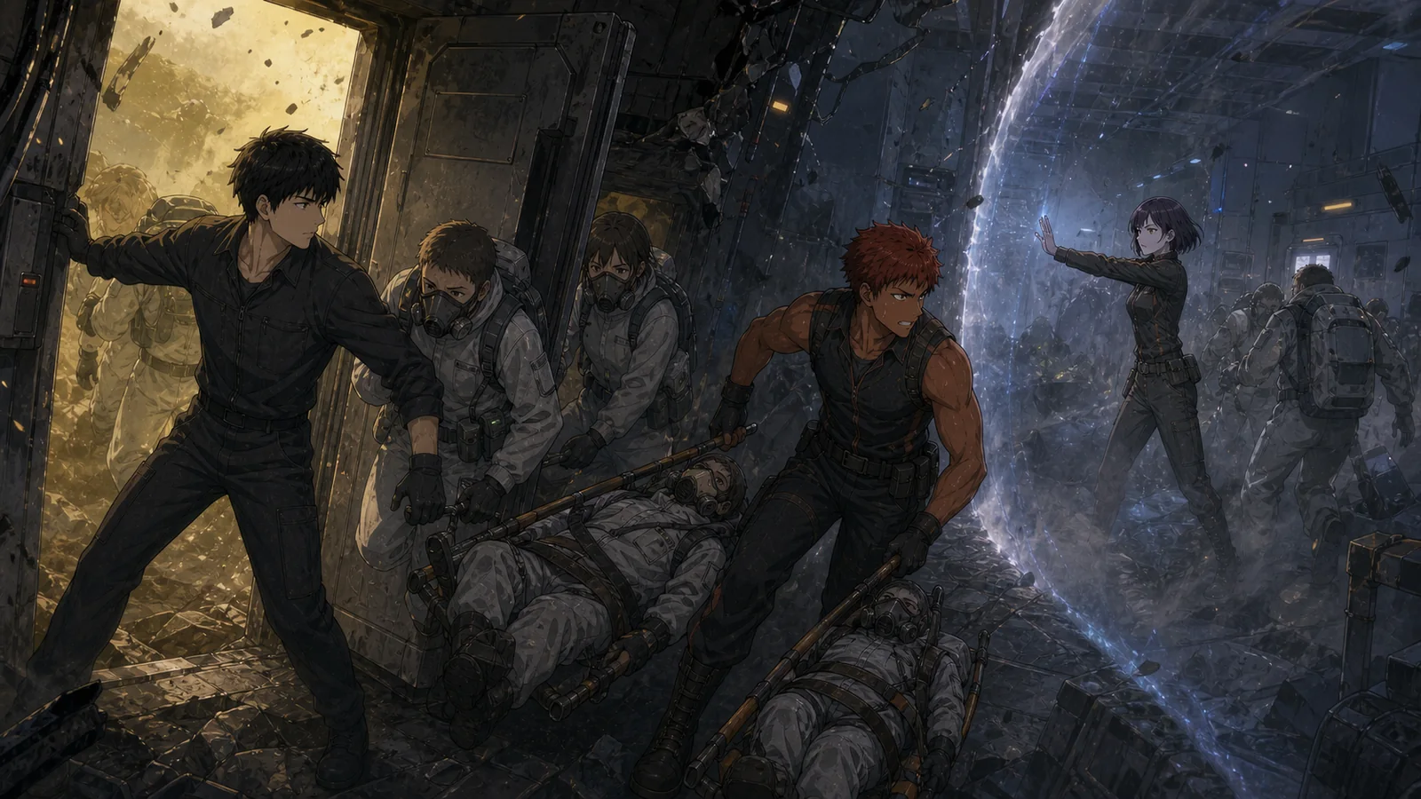 People carrying a stretcher and guarding an open doorway in a damaged corridor