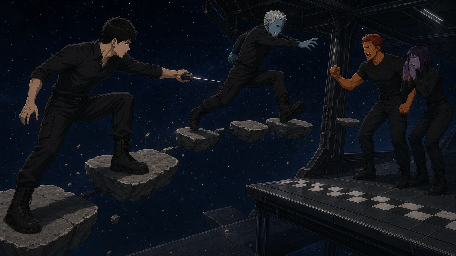 An alien-school gravity-field race across floating platforms