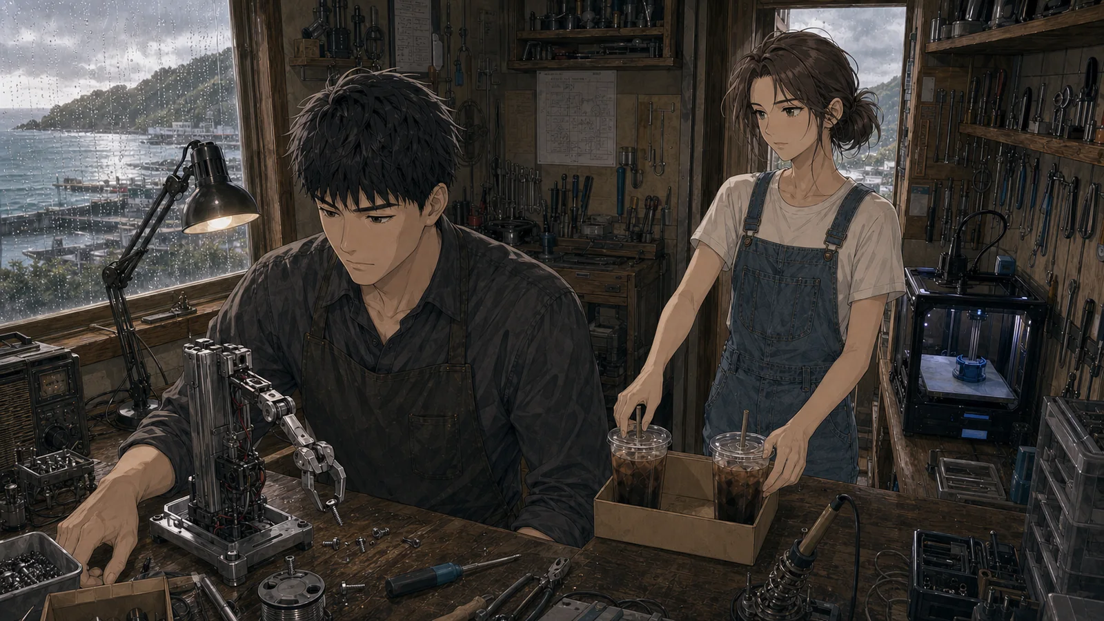 Kim Sunwoo and Yoon Heejae meeting inside a small seaside repair workshop