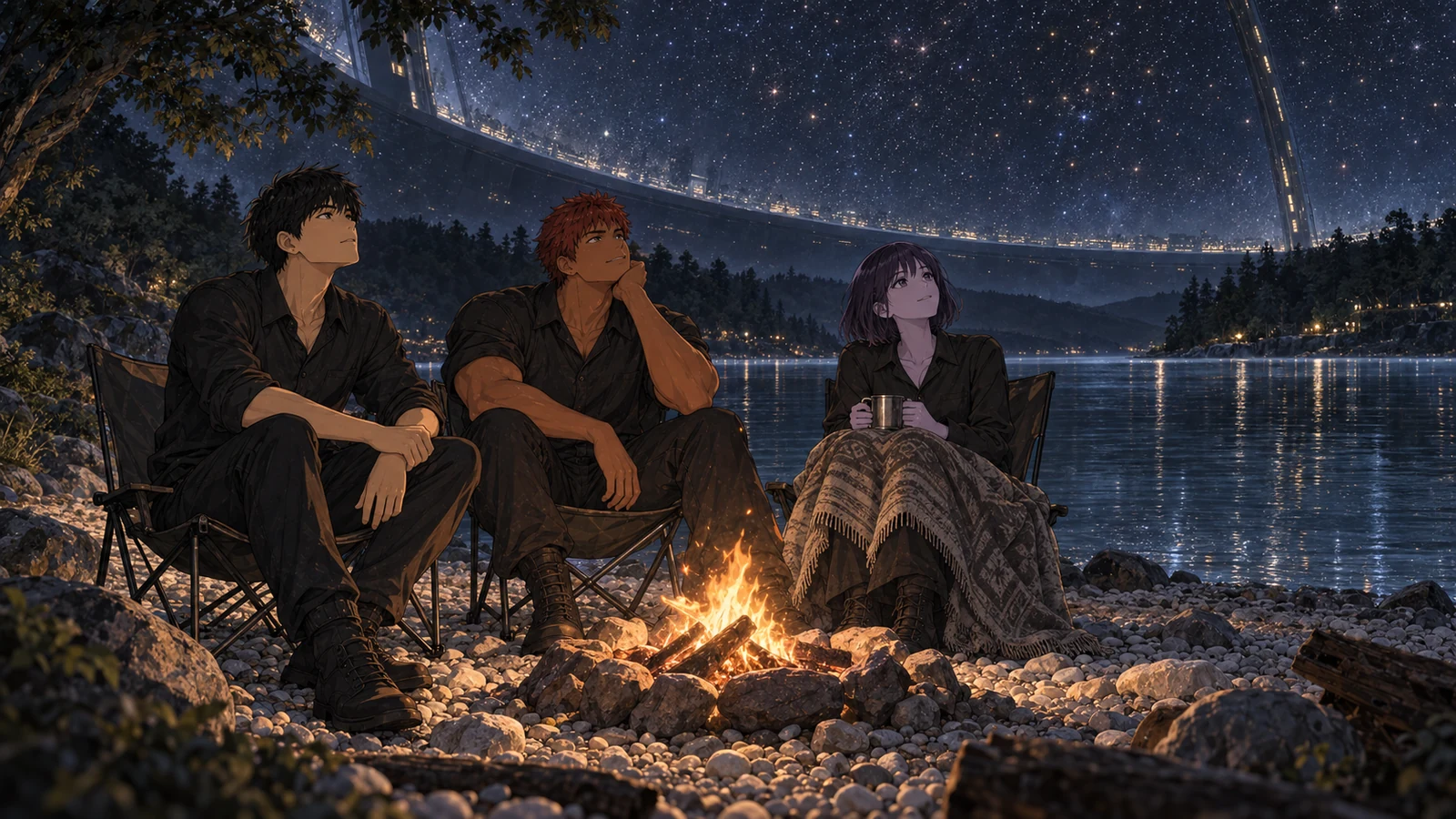 Sunwoo, Rio, and Miren sitting beside a campfire and looking up at unfamiliar stars across the lake