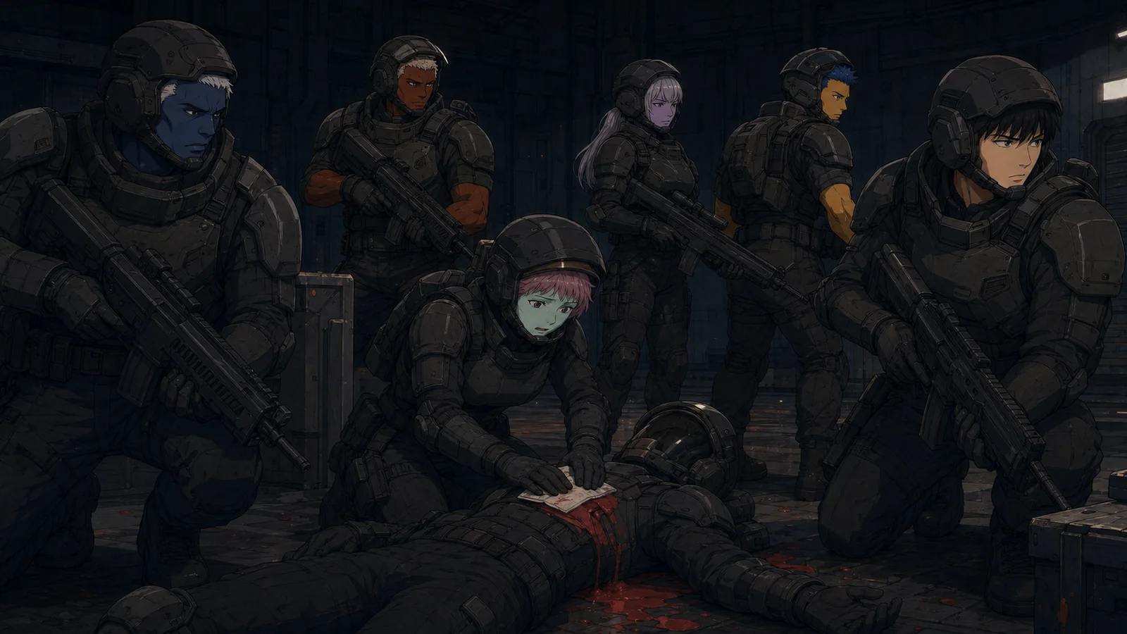 Armored crew members treating a fallen person while watching every direction