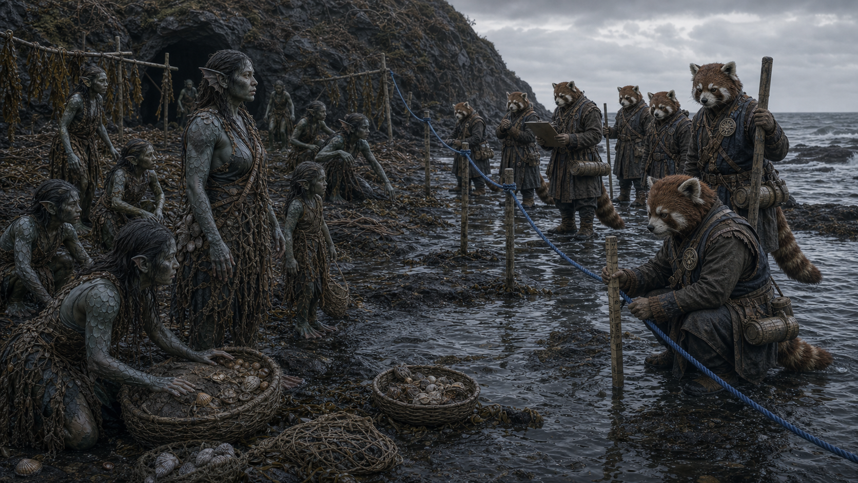 Coastal ritual with stakes and gathered people