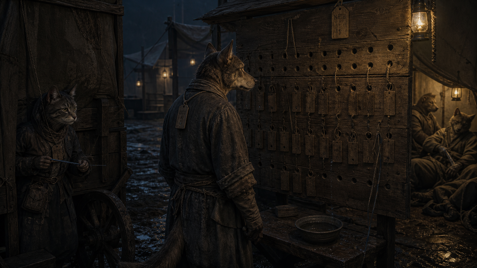 Wooden tags in a dark village