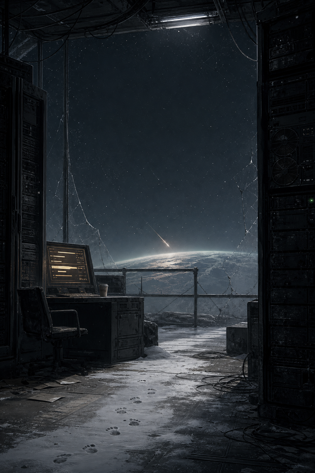 Dark observation room with a cold exterior beyond the window