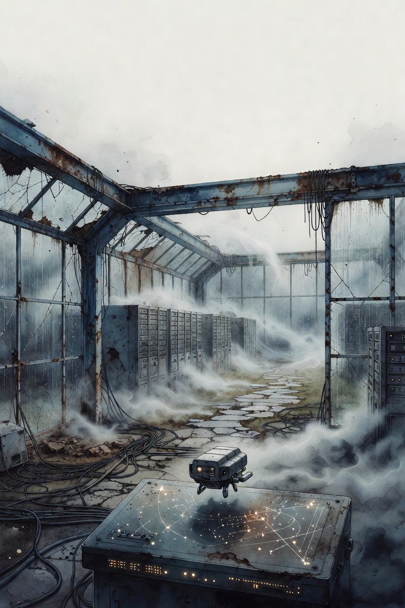 A ruined observation archive with a small active drone and constellation console